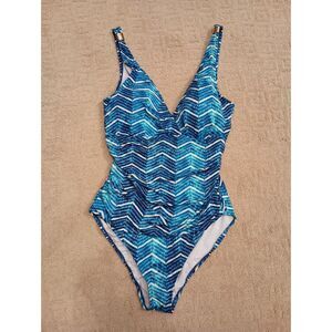 Lauren Ralph Lauren Swimsuit Womens Size 14 Blue White Ruched w/Built-In Bra